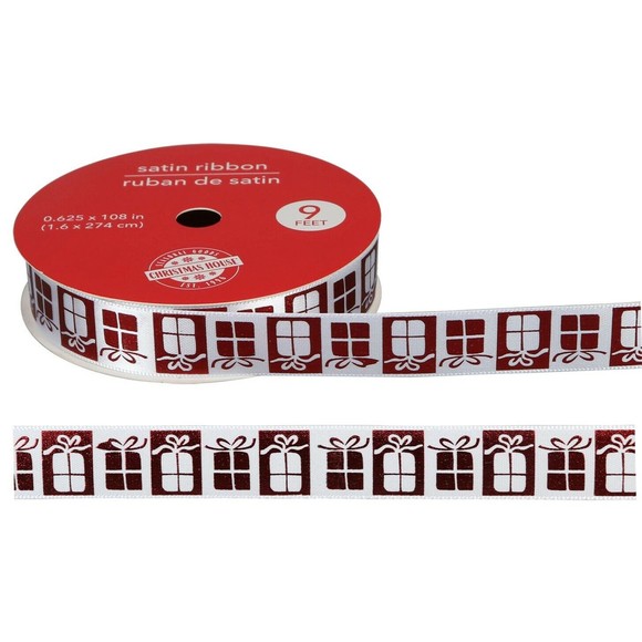 Crafter's Square 5/8" x 3 yds Christmas Metallic Satin Ribbon - White w/Presents - Picture 1 of 1